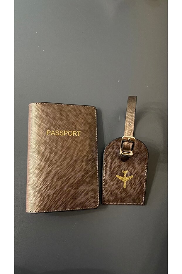 Coffee Leather Passport Cover and Suitcase Label
