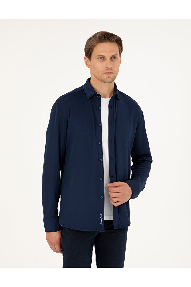 Navy Blue Slim Fit Knitted Shirt 50293240-Vr033