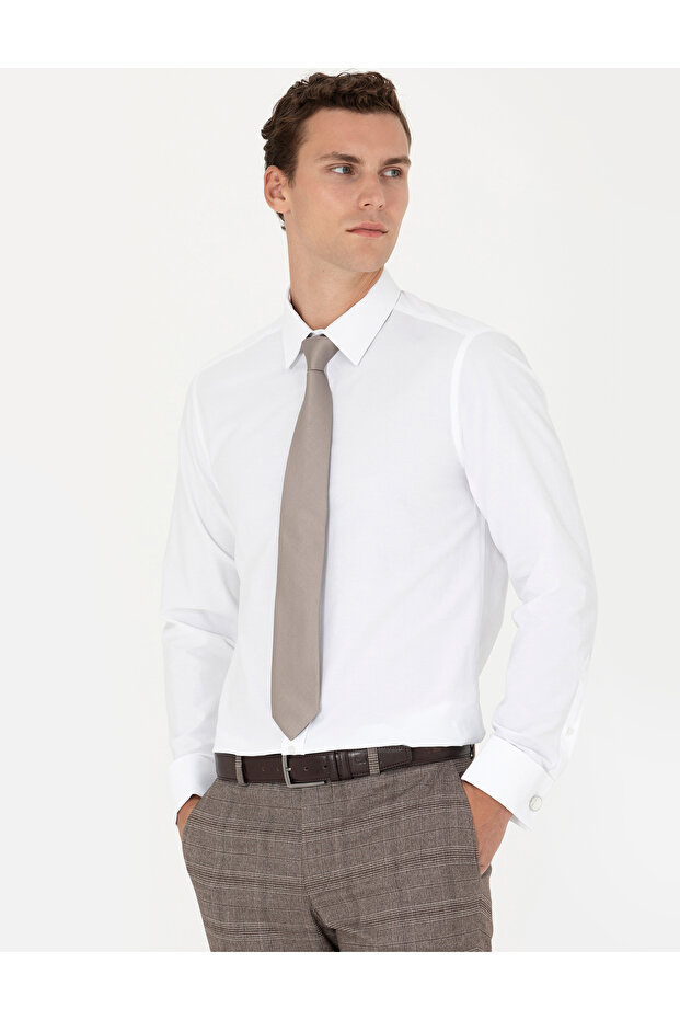 White Slim Fit Long Sleeve Basic Shirt 50277780-Vr013