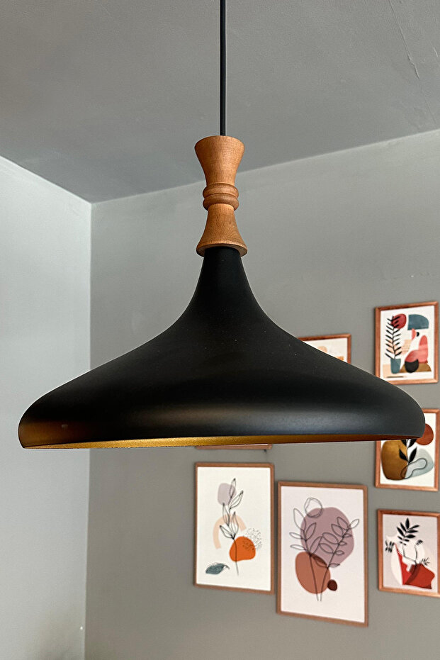 Siyah Uzun Piyon Ahşap Tekli Avize Sarkıt Salon Mutfak Cafe Butik Lamba Aydınlatma Avizeler - 1