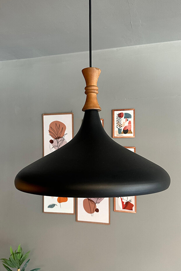 Siyah Uzun Piyon Ahşap Tekli Avize Sarkıt Salon Mutfak Cafe Butik Lamba Aydınlatma Avizeler - 2