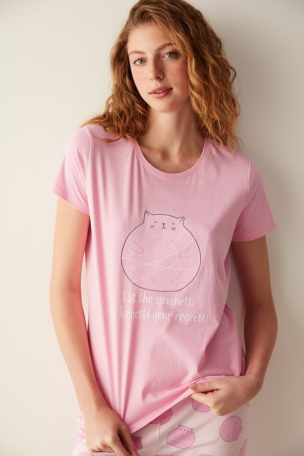 Happy Cat Pembe Pantolon Pijama Takımı - 4