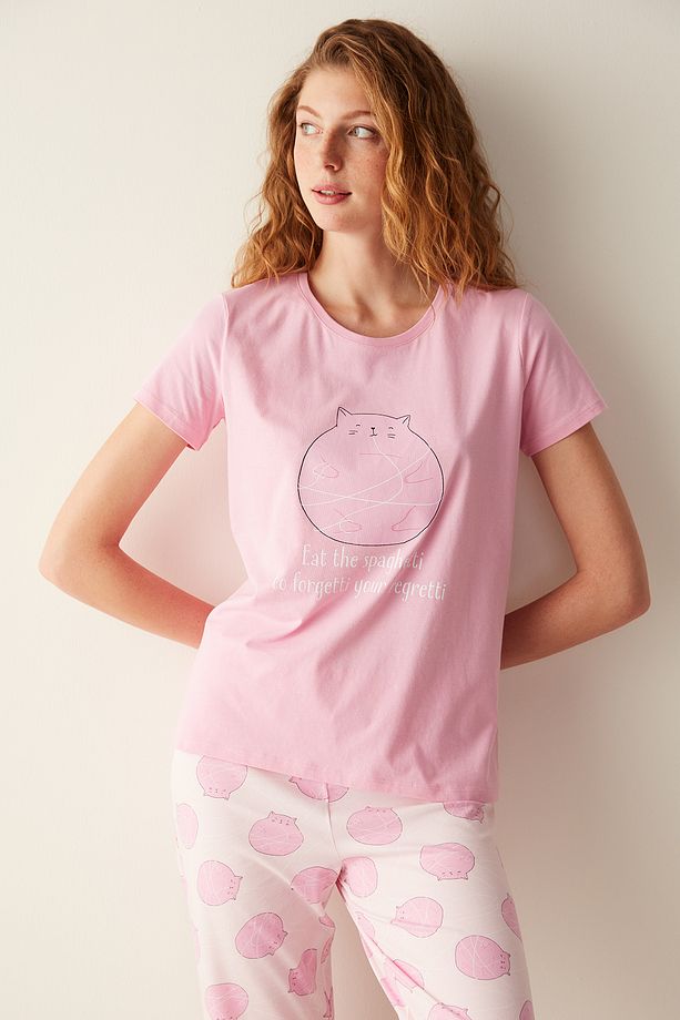 Happy Cat Pembe Pantolon Pijama Takımı - 3