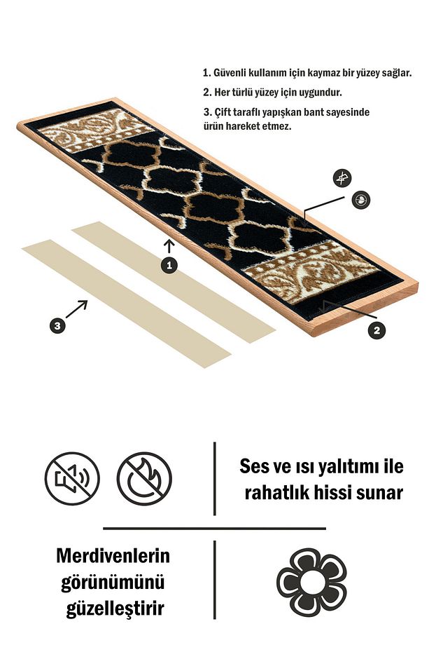 Dikdörtgen Yanları Desenli Dokuma Merdiven Halısı Kendinden Yapışkanlı / Adet Olarak Satılır - 3