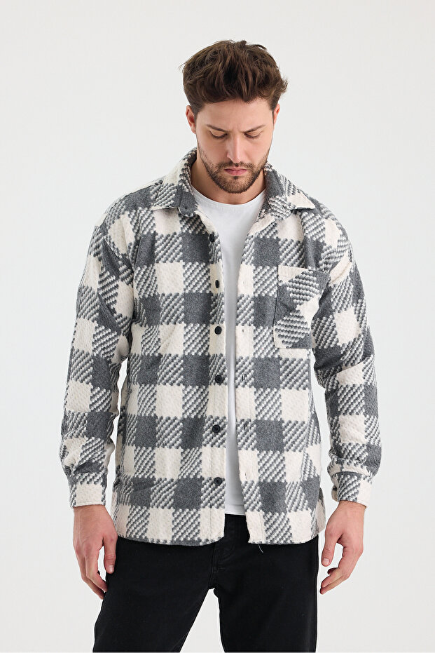 Erkek Slim Fit Tek Cep Kareli Hakiki Oduncu Gömleği Gri - 4