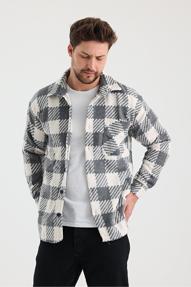 Erkek Slim Fit Tek Cep Kareli Hakiki Oduncu Gömleği Gri - 5