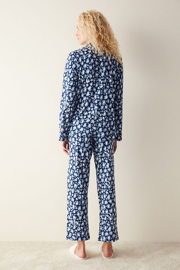 Leopar Baskılı Uzun Kollu Lacivert Gömlek Pijama Set - 6