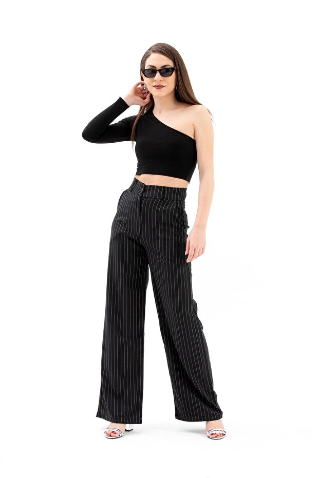 High Waist Striped Palazzo Pants - Black