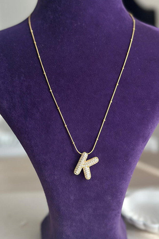 Caprea Çelik 40 + 5 CM Taşlı Balon Kadın Kolye Çelik Kolye Harf Kolye - 4