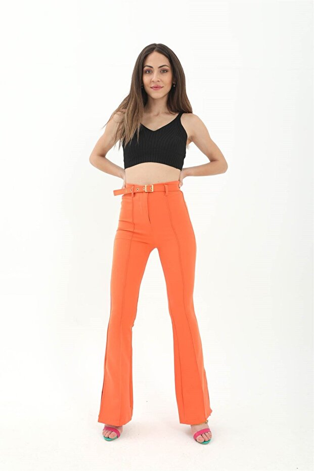 Belted Flared Leg Atlas Fabric Trousers with Side Slits - Orange
