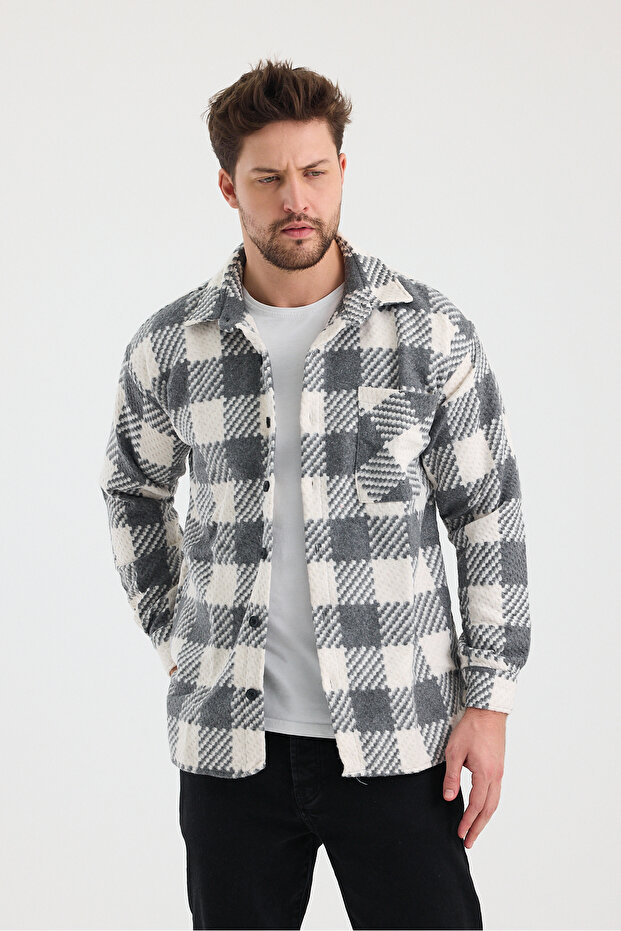 Erkek Slim Fit Tek Cep Kareli Hakiki Oduncu Gömleği Gri - 3