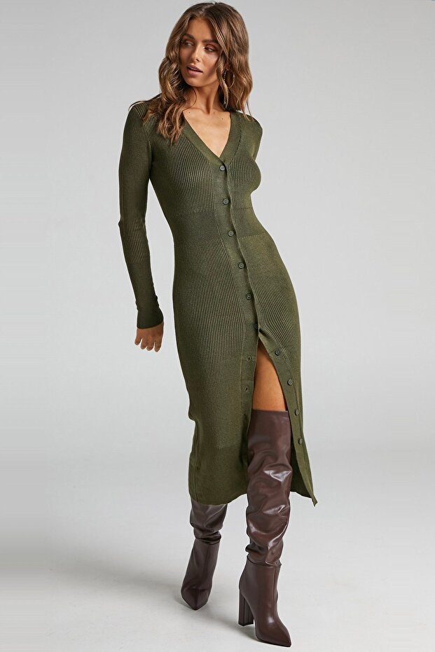Khaki Buttoned V-Neck Long Knitwear Dress Mg1703