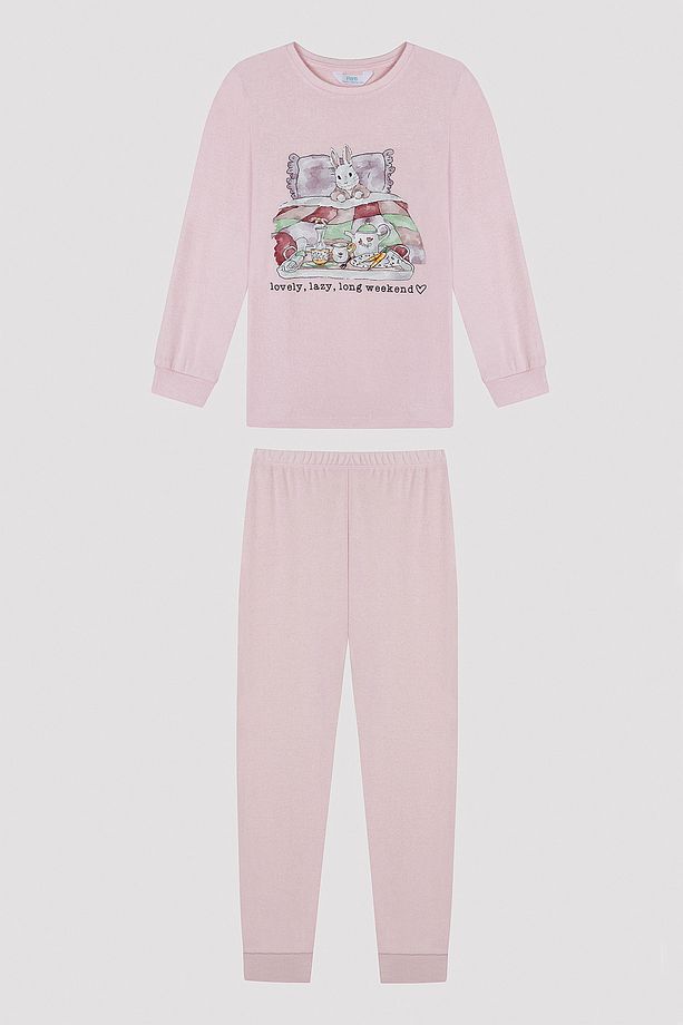 Kız Çocuk Rabbit Uzun Kollu Pembe Pijama Takımı - 2