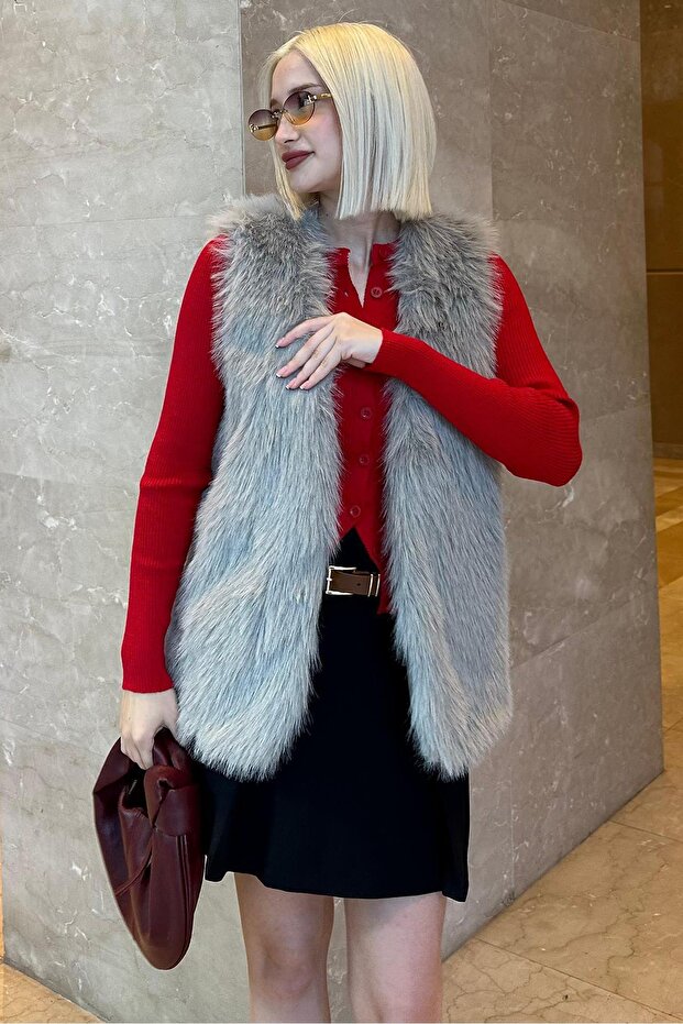 Boyalı Gri Yumuşak Doku Astarlı Kadın Yelek MG2238 - 5