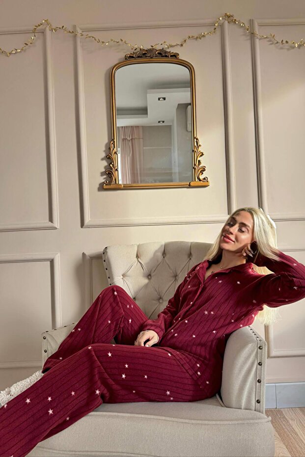 Claret Red Eclipse Patterned Front Buttoned Plush Fleece Pajama Set - 3