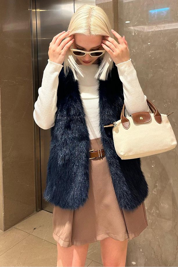 Lacivert Yumuşak Doku Astarlı Kadın Yelek MG2238 - 3