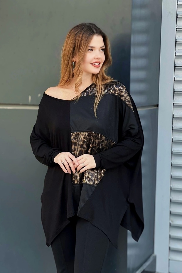 Leopard Patterned Faux Leather Detailed Blouse