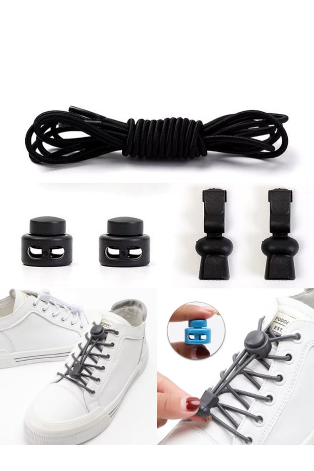 Black Smart Laces, No-Tie Elastic Rubber Shoelaces, Locking Round Laces (1 Pair)