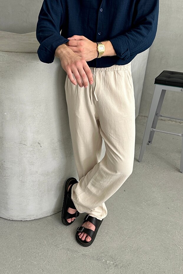 Linen Men's Trousers - Baggy Fit, Elastic Waist