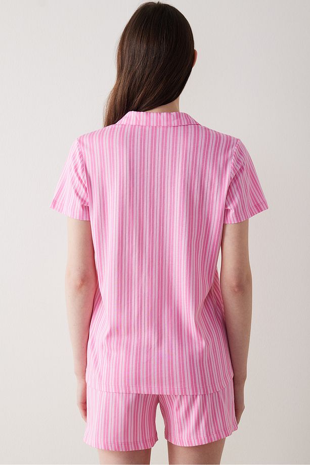 Pink Strapless Gömlek Şort Pembe Pijama Takımı - 4