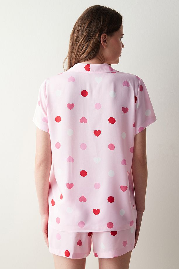 Base Cute Hearts Pembe Gömlek Şort Pijama Takımı - 5