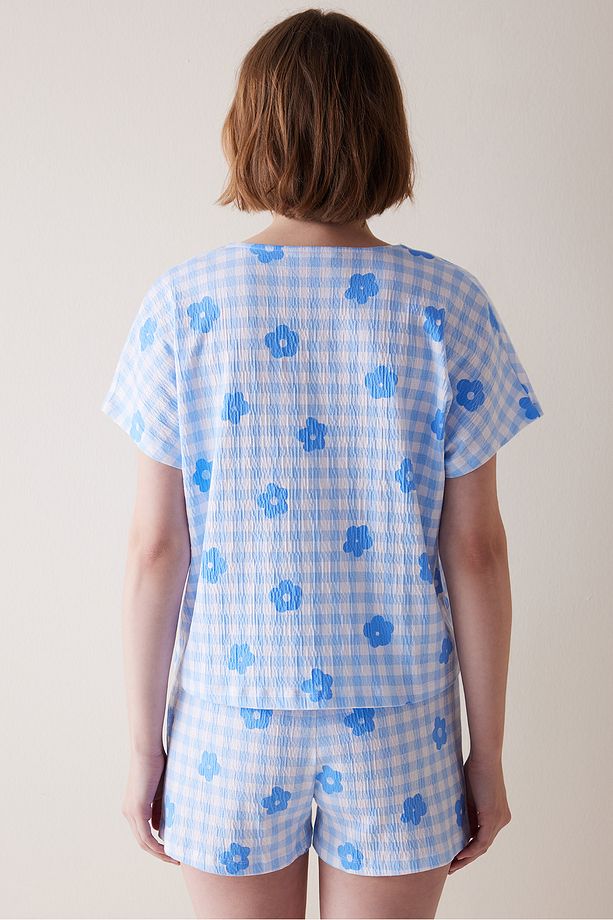 Base Gingham Düğmeli Gömlek Şort Pijama Takımı - 4