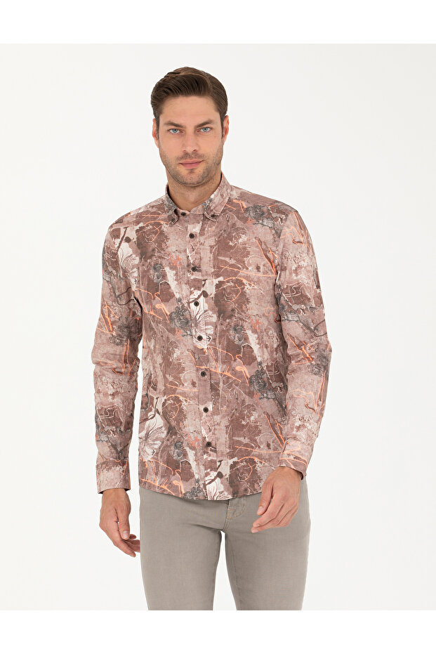 Light Brown Slim Fit Long Sleeve Shirt 50266599 -Vr002