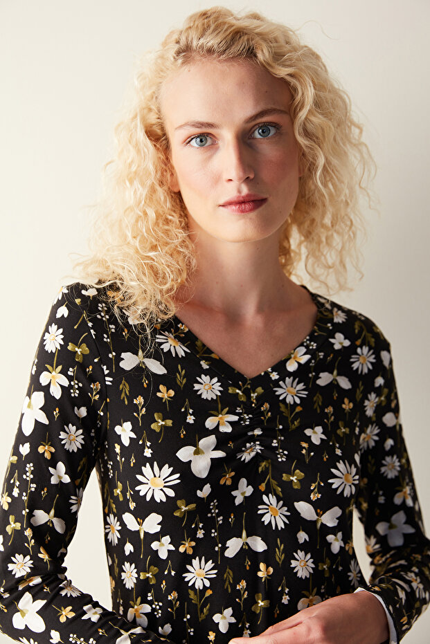 Blossom Printed Siyah Gecelik - 3