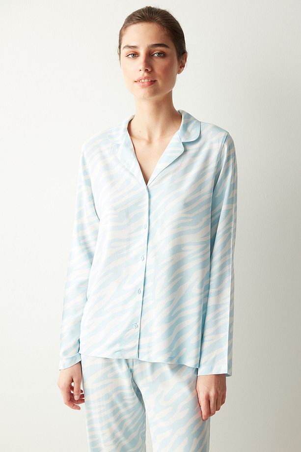 Base Mavi Zebra Gömlek Pantolon Pijama Takımı - 4
