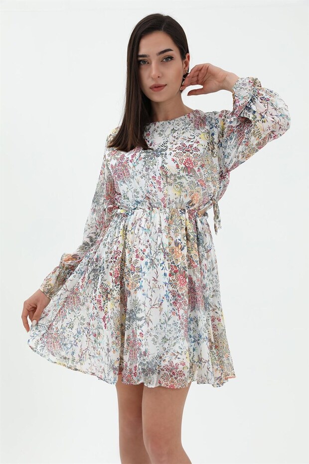 Floral Print Waist Cutout Dress - White
