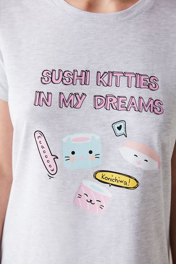 Sushi Kitties Slogan Baskılı Şortlu Pijama Takımı - 4
