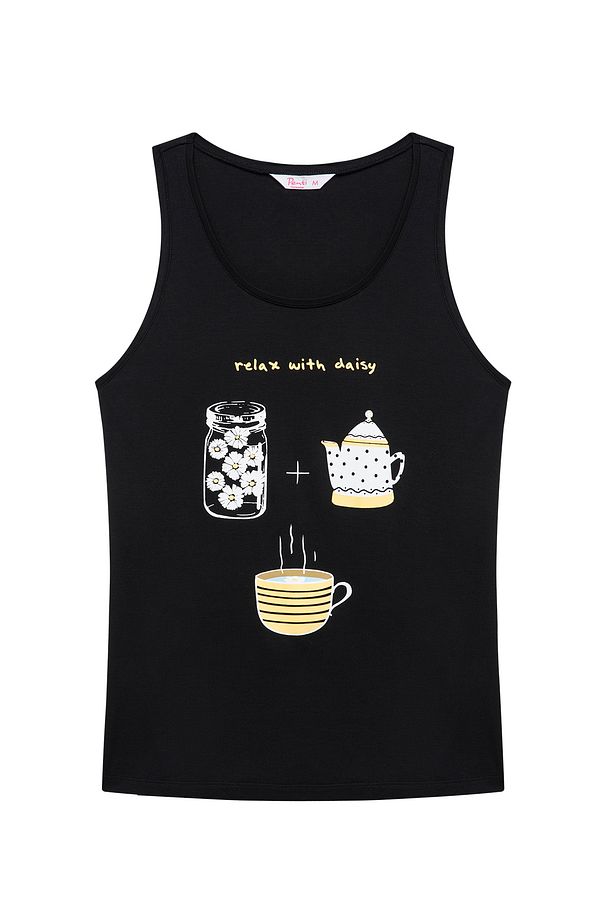 Siyah Daisy Baskılı Atlet Pijama Üstü - 5