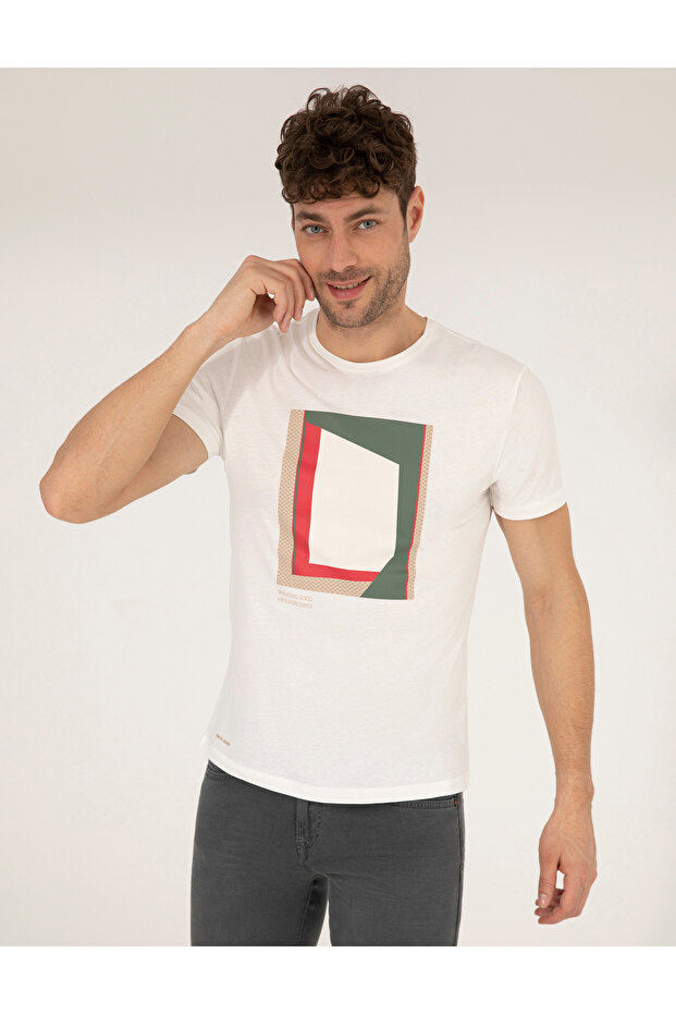 Ecru Slim Fit Printed Crew Neck T-Shirt 50263922-VR019