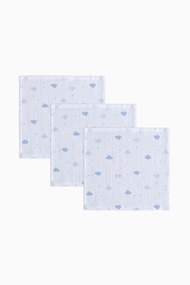 3-Piece Muslin Baby Mouth Diaper Cloud Patterned Blue 25x25 cm
