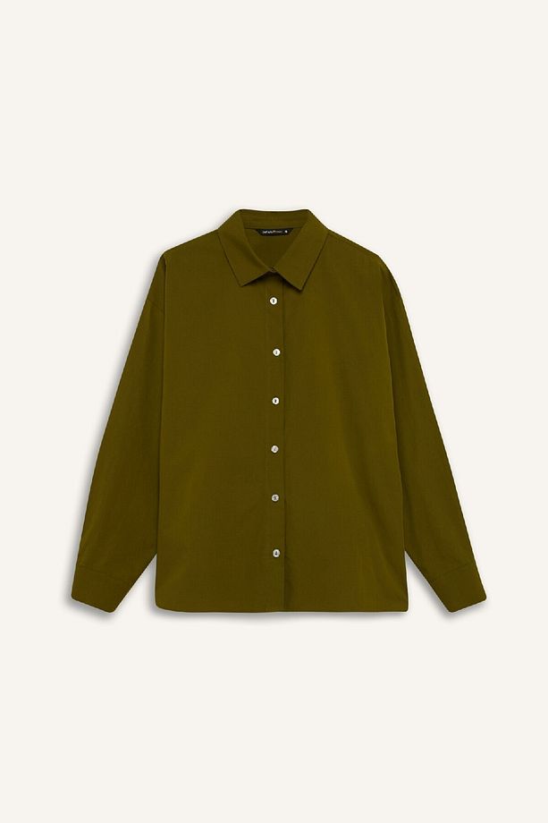 Oversize Geniş Kalıp Poplin Basic Düz Uzun Kollu Gömlek E2677ax24wn - 1