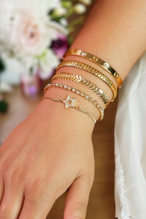 Gold Color 5-Piece Zircon Stone Elevator Adjustable Bracelet Women's Bracelet Set