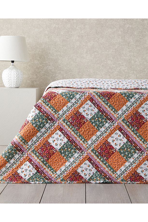 Quatro Patchwork Çift Taraflı Tek Kişilik Çok Amaçlı Örtü Terracotta - 3
