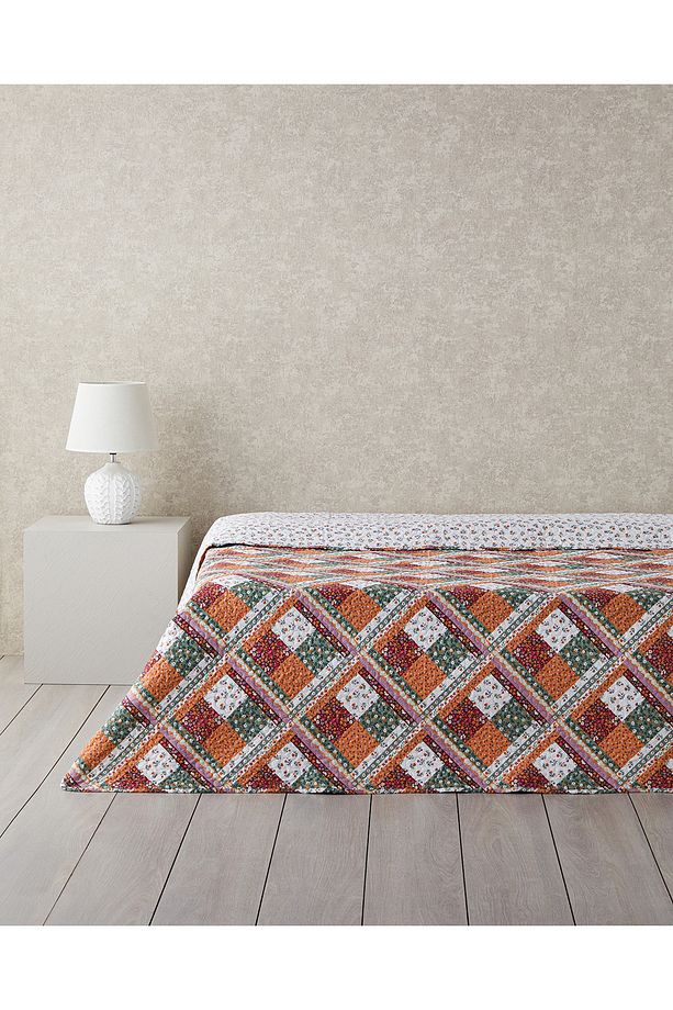Quatro Patchwork Çift Taraflı Tek Kişilik Çok Amaçlı Örtü Terracotta - 1
