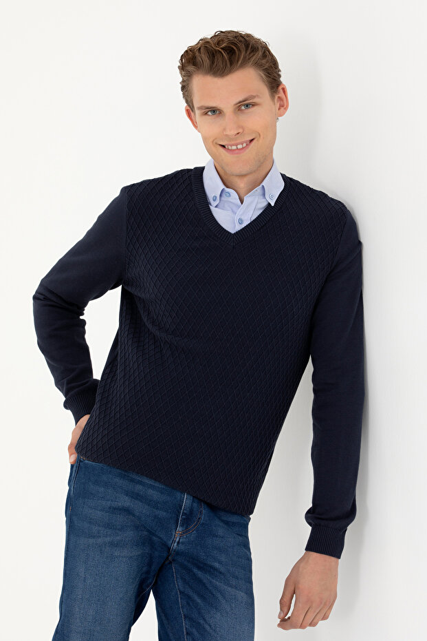 Men's Navy Blue V-Neck Sweater 50277090-Vr033