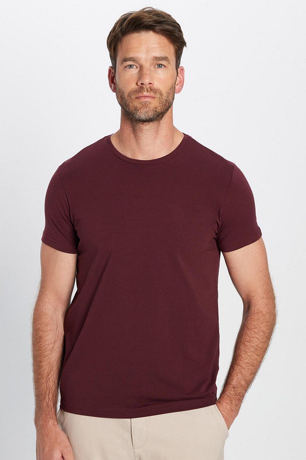 Erkek Slim Fit Dar Kesim Pamuklu Yumuşak Doku Likralı Esnek Kumaş Basic Bordo Bisiklet Yaka Tişört - 2