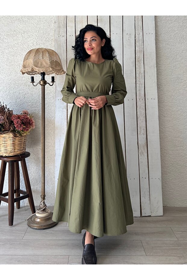 Modest Khaki Green Flared Poplin Dress