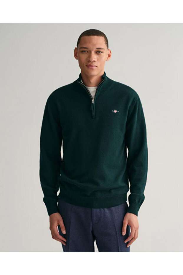 Erkek Yeşil Regular Fit Yarım Fermuarlı Yün Kazak - 1