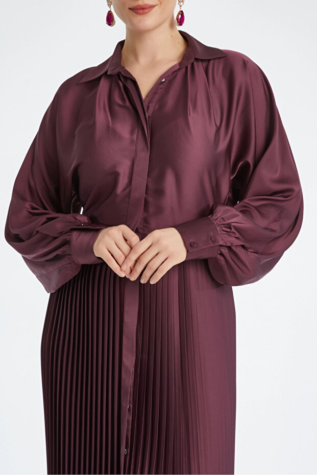 Saten Gömlek Yaka Piliseli Midi Boy Uzun Kollu ve Düğme Detaylı Mürdüm Elbise 37324 - 2