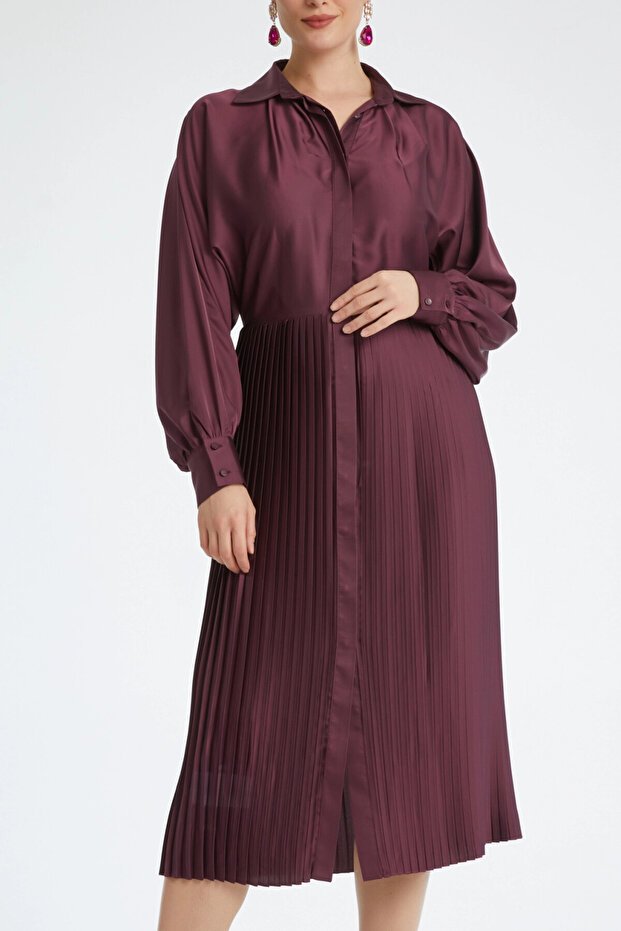 Saten Gömlek Yaka Piliseli Midi Boy Uzun Kollu ve Düğme Detaylı Mürdüm Elbise 37324 - 1