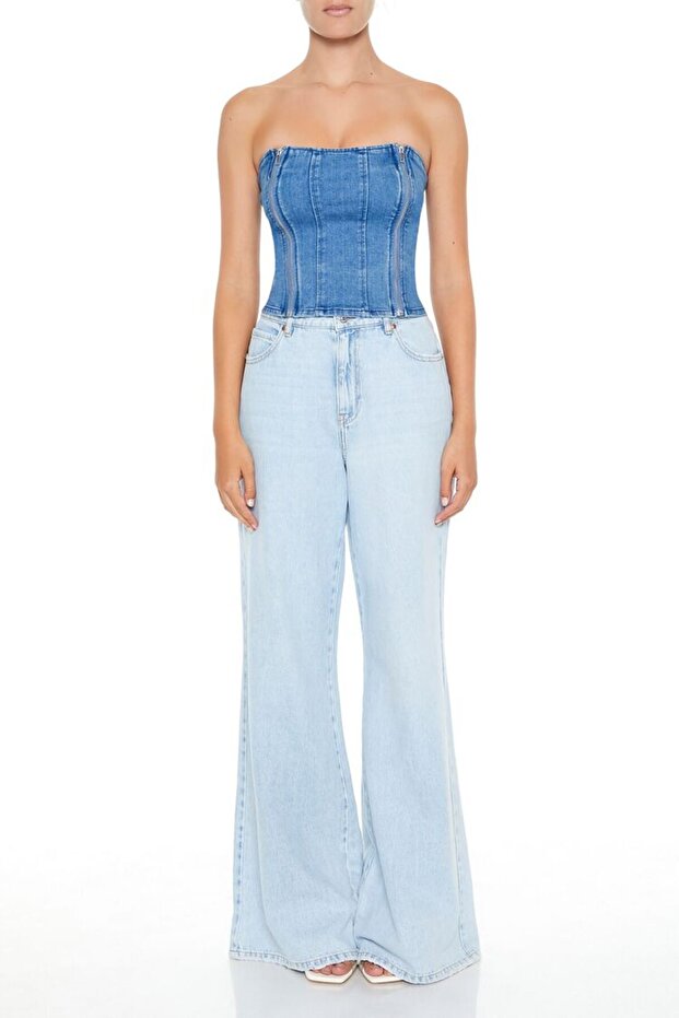 Straplez Yaka Denim Bluz - 2