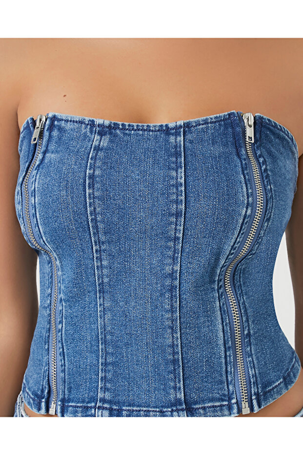 Straplez Yaka Denim Bluz - 8