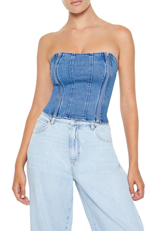 Straplez Yaka Denim Bluz - 1