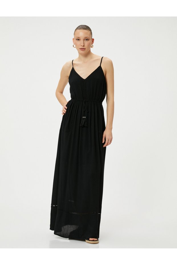 Viscose Long Dress with Straps, Tie Waist and Tassels