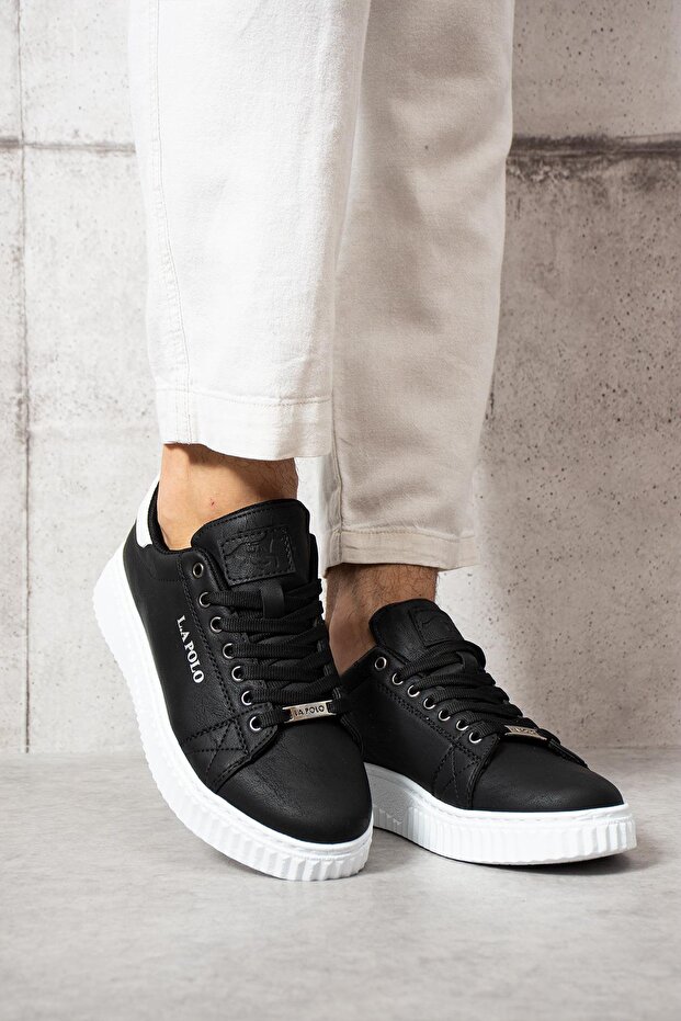 Black Color White Detailed Lace up Men's Sneakers