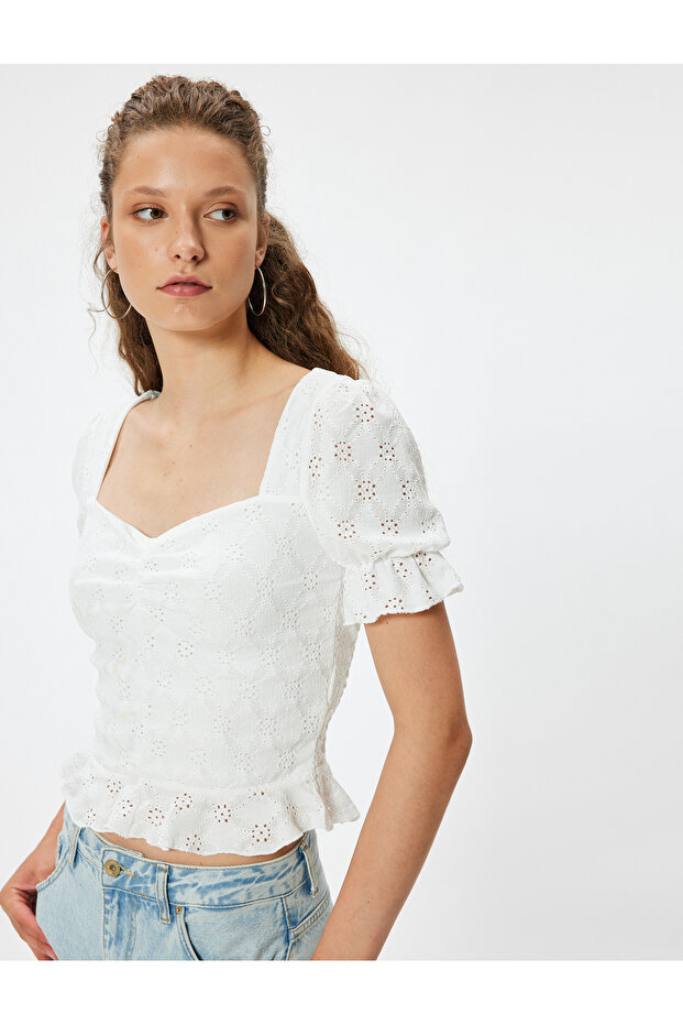 Balloon Sleeve Blouse with Square Collar and Gathered Ruffle Detail
